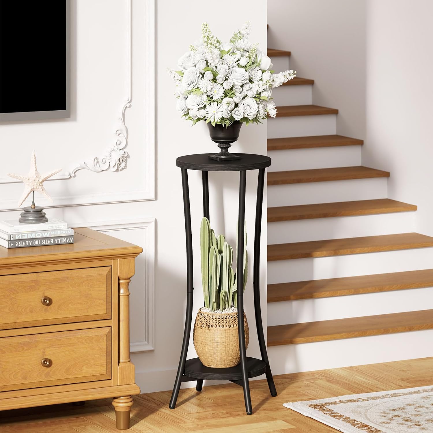 IBUYKE 30 Inch Tall Plant Stand Indoor, 2 Tier Wood Corner Plant Stand, Modern Round Plant Shelf Flower Stand for