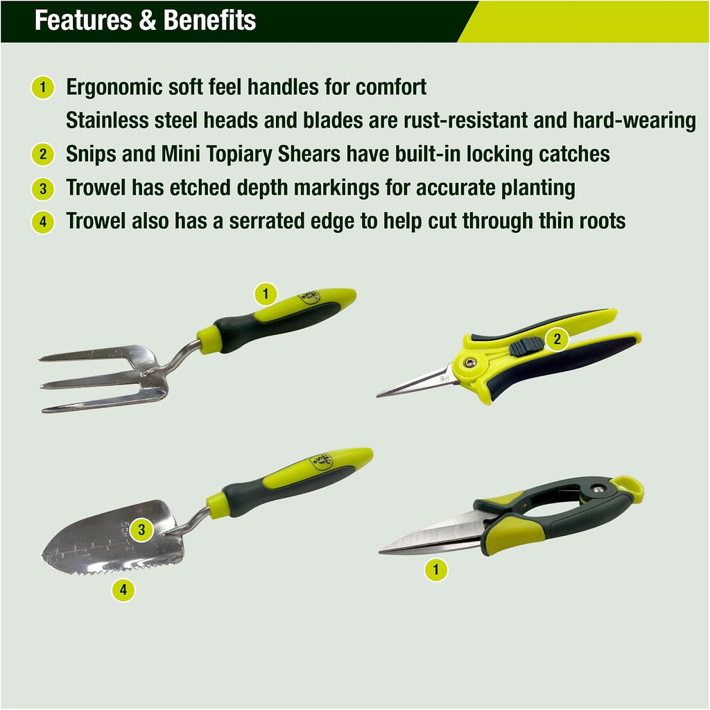 Spear & Jackson Kew Gardens Urban Oasis 4-Piece Garden Tool Set, Plant Shears, Topiary Shears, Planting Trowel & Weed