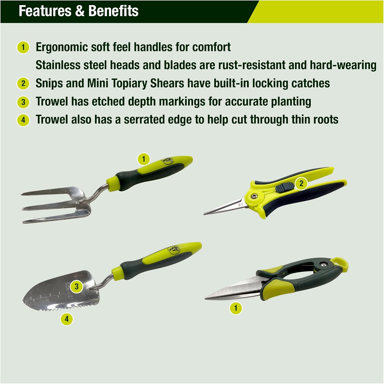 Spear & Jackson Kew Gardens Urban Oasis 4-Piece Garden Tool Set, Plant Shears, Topiary Shears, Planting Trowel & Weed