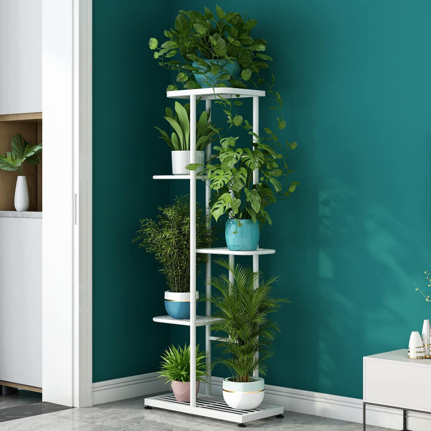 LINZINAR Plant Stand Metal 5 Tier 6 Potted Multiple Flower Pot Holder Shelf Indoor Outdoor Planter Display Shelving