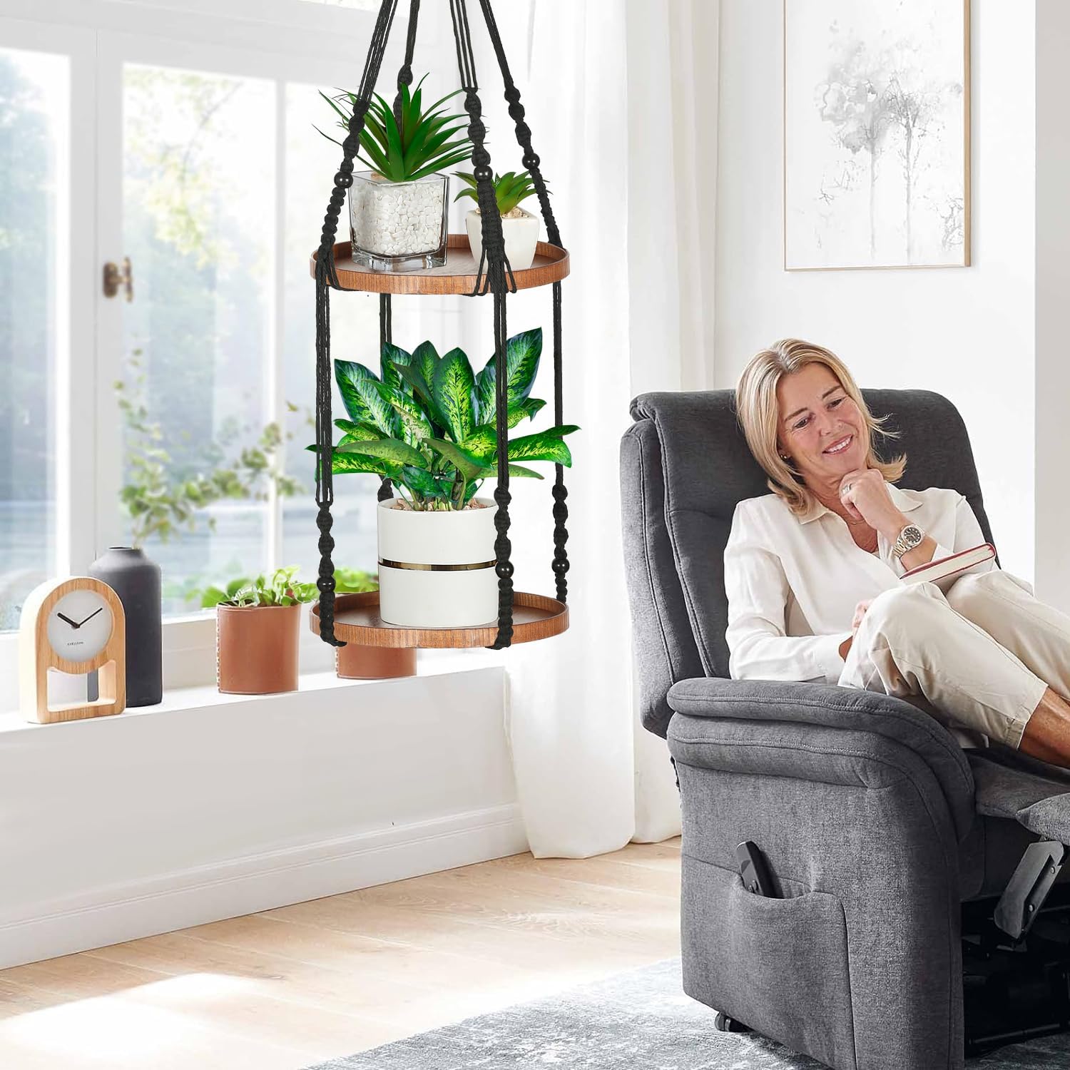 2 Tier Macrame Plant Hanger, Hanging Plant Shelf (12") | Plant Hanger Indoor, Hanging Planter, Hanging Planter Shelf