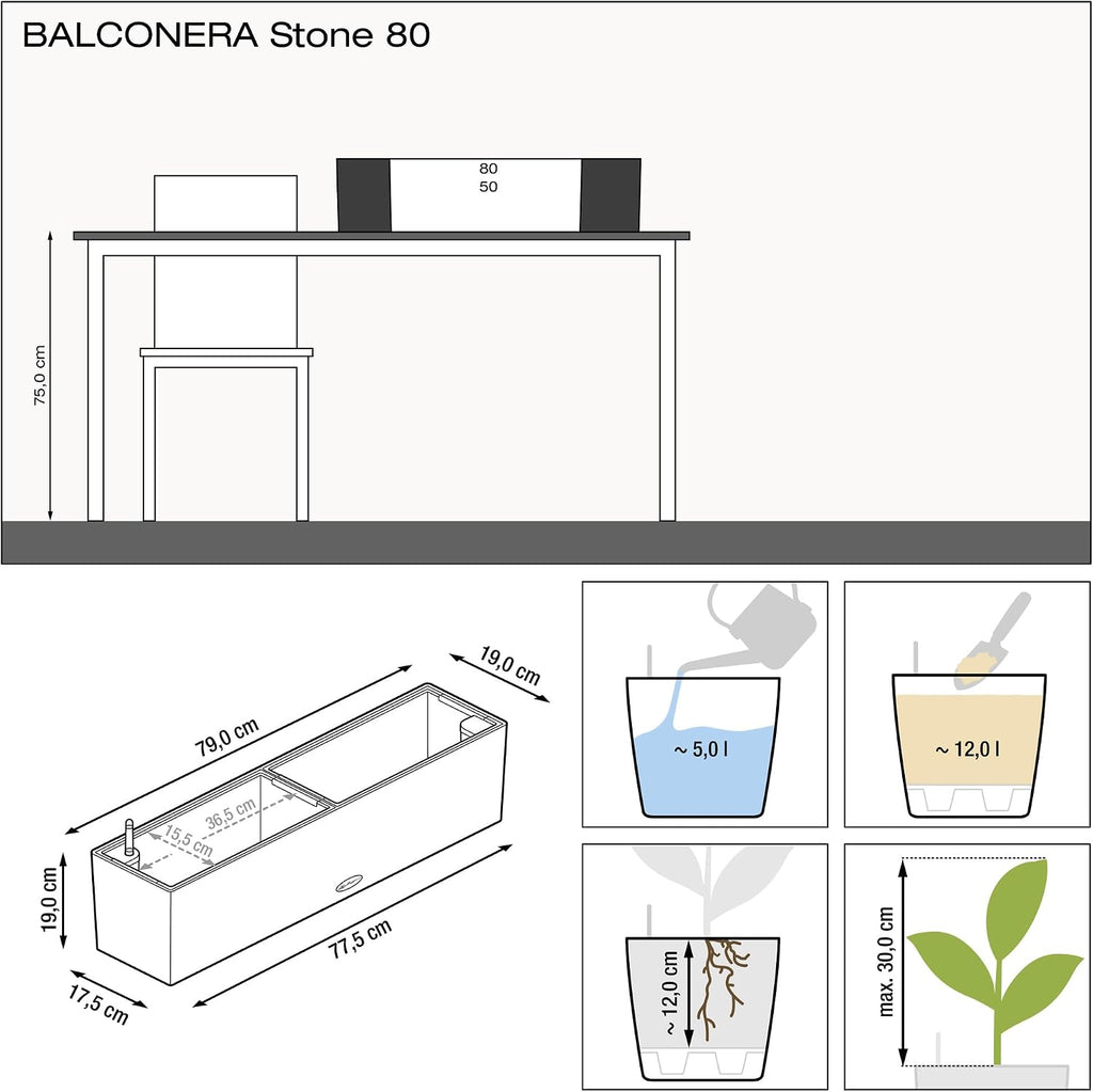 BALCONERA Stone 80 Graphite Black, Self-Watering Window Box (Railing Planter), H7.5 L31.1 W7.5 in
