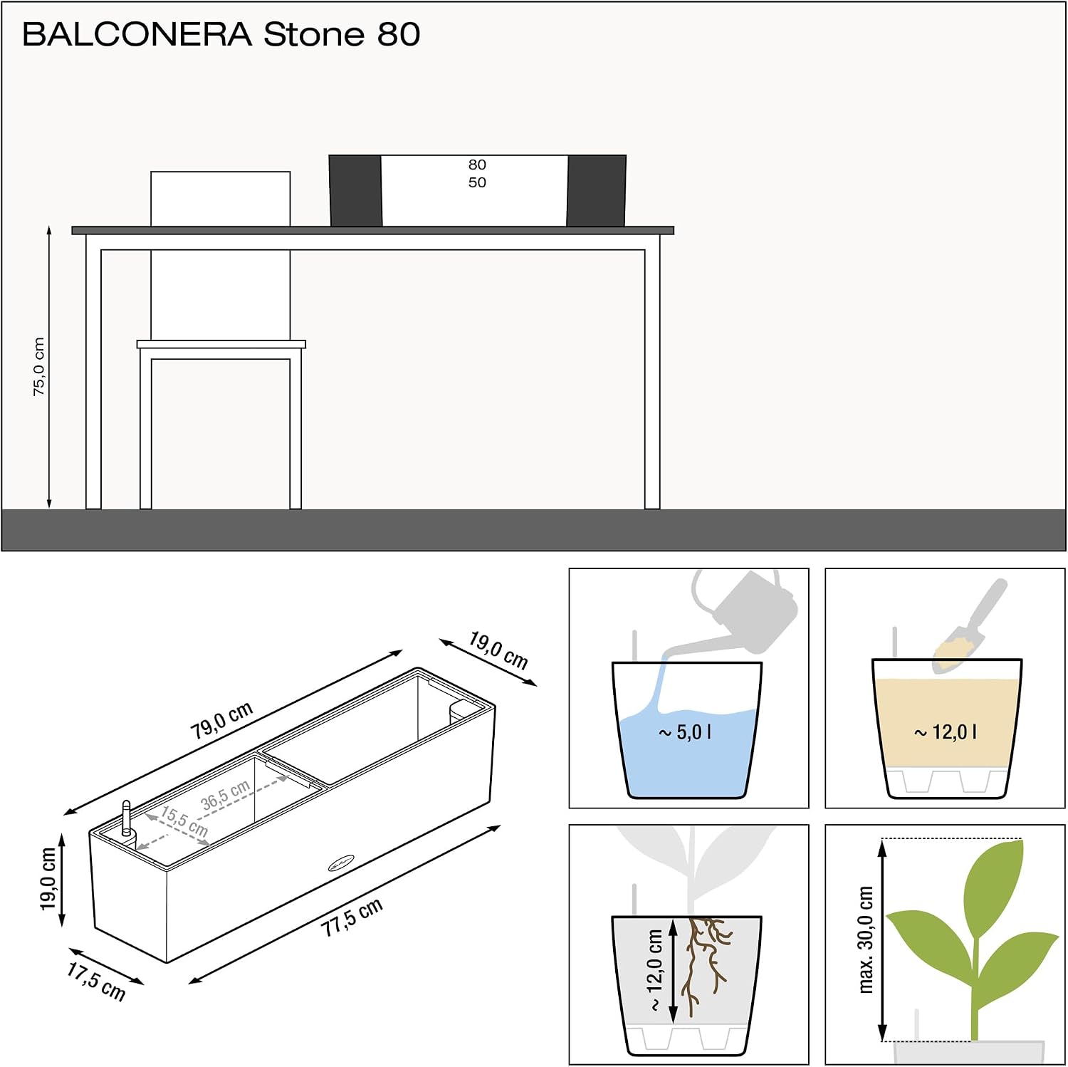 BALCONERA Stone 80 Graphite Black, Self-Watering Window Box (Railing Planter), H7.5 L31.1 W7.5 in