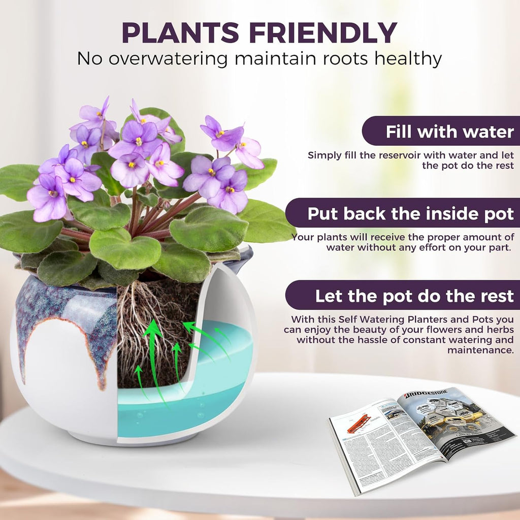 BUYMAX Self Watering Ceramic African Violet Pot Keep The Soil Moist | Reactive Glaze Color Variations | Scalloped Rim