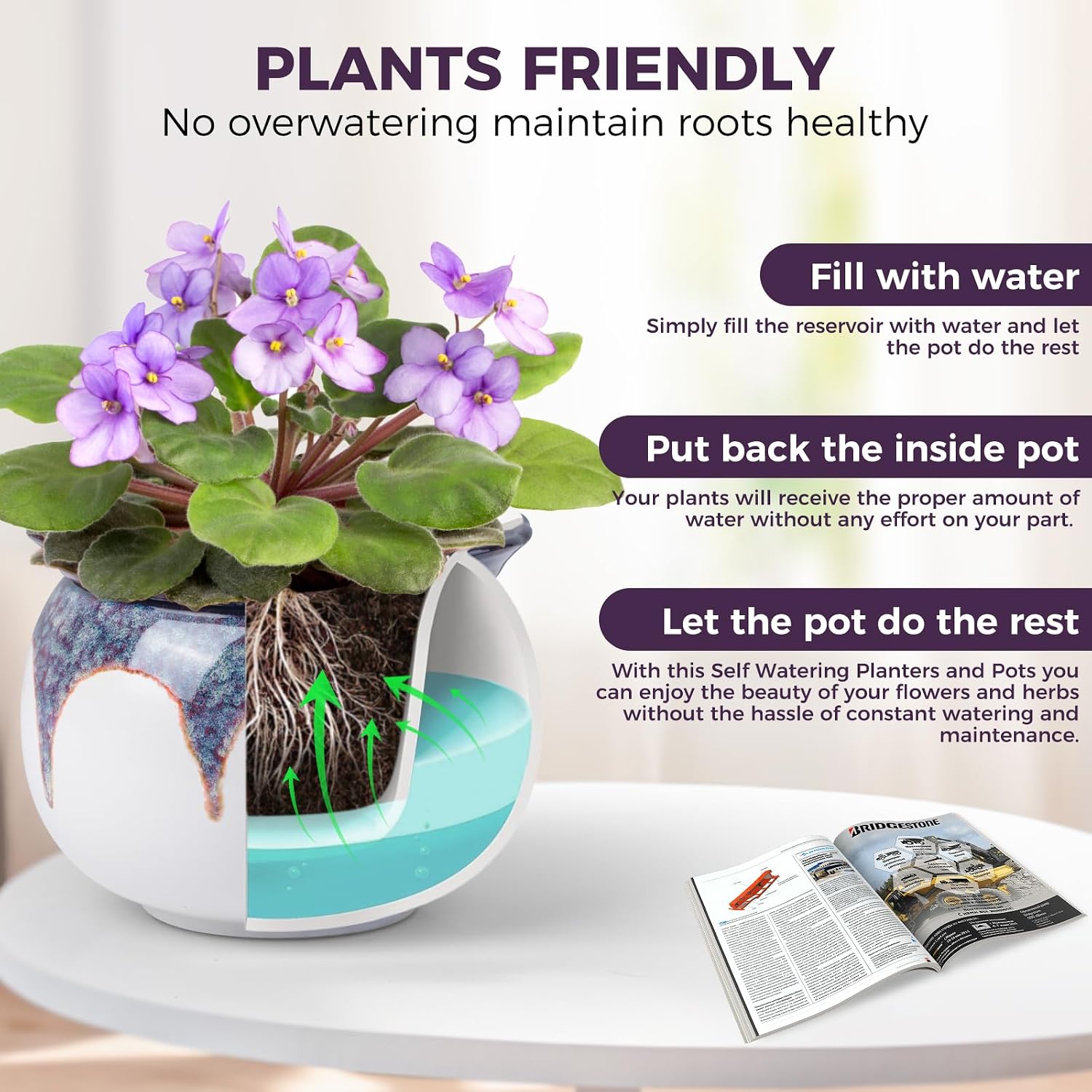BUYMAX Self Watering Ceramic African Violet Pot Keep The Soil Moist | Reactive Glaze Color Variations | Scalloped Rim