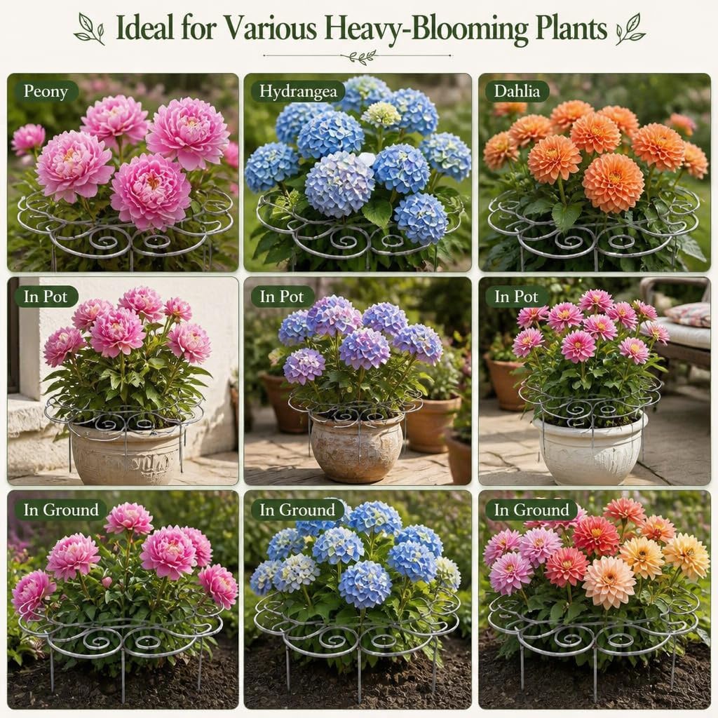 Metal Plant Support Ring for Garden, Heavy Duty Green Flower Hoop with Gardening Gloves, Peony Cage Stand for Outdoor