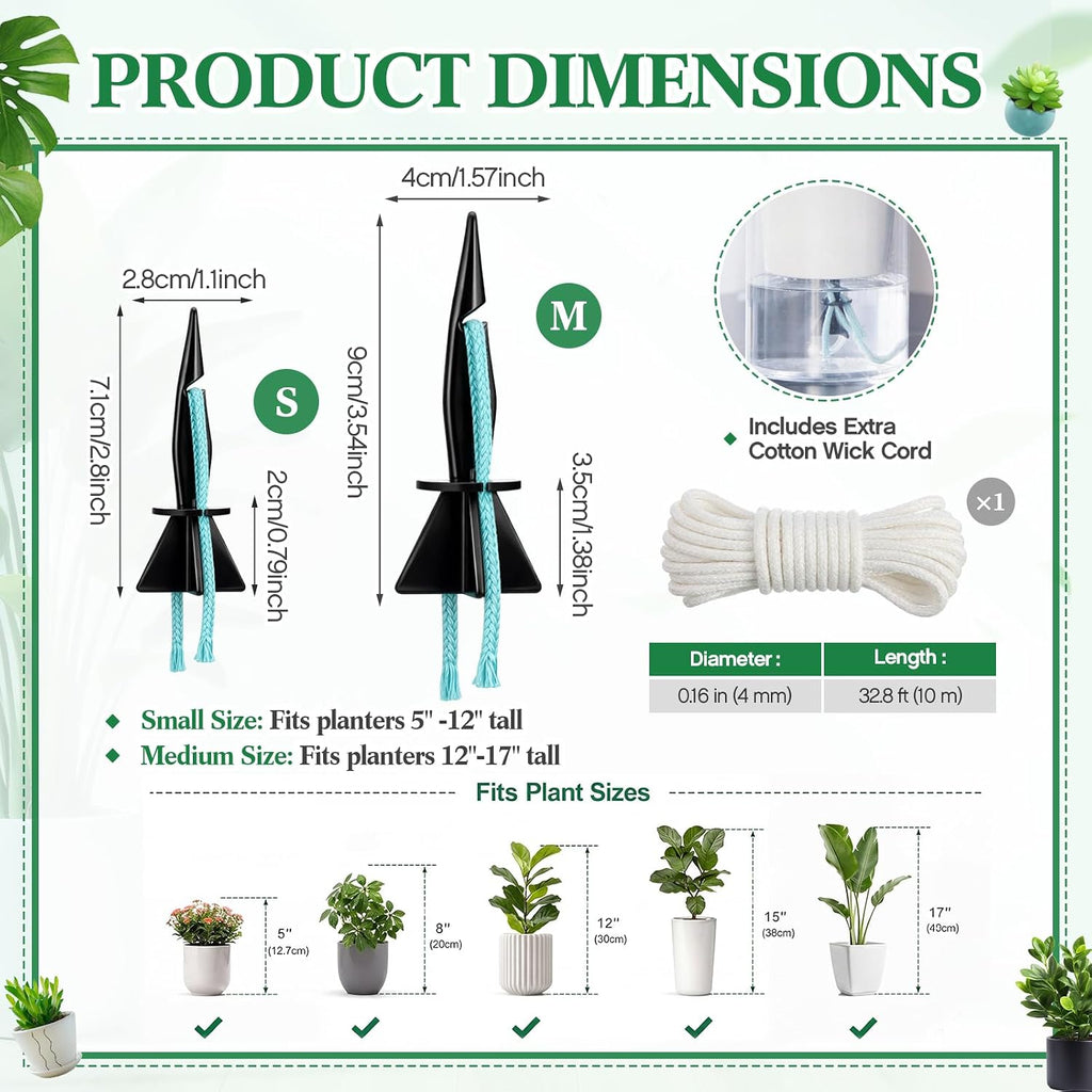 60 Pack Self Watering Spikes for Plants with Wick Rope,Small | 32.8ft Wick String for Potted Plant Pots, Automatic