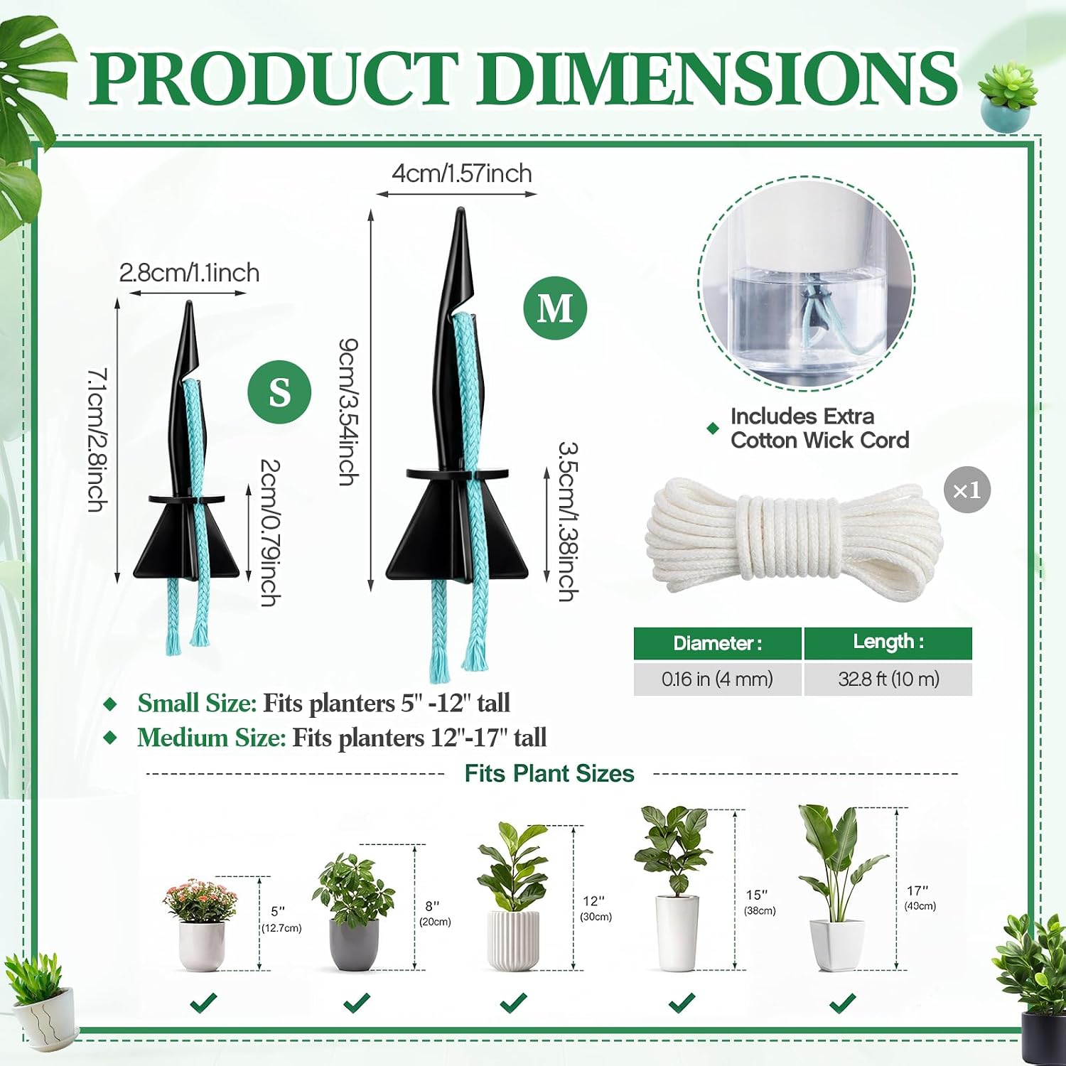 60 Pack Self Watering Spikes for Plants with Wick Rope,Small | 32.8ft Wick String for Potted Plant Pots, Automatic