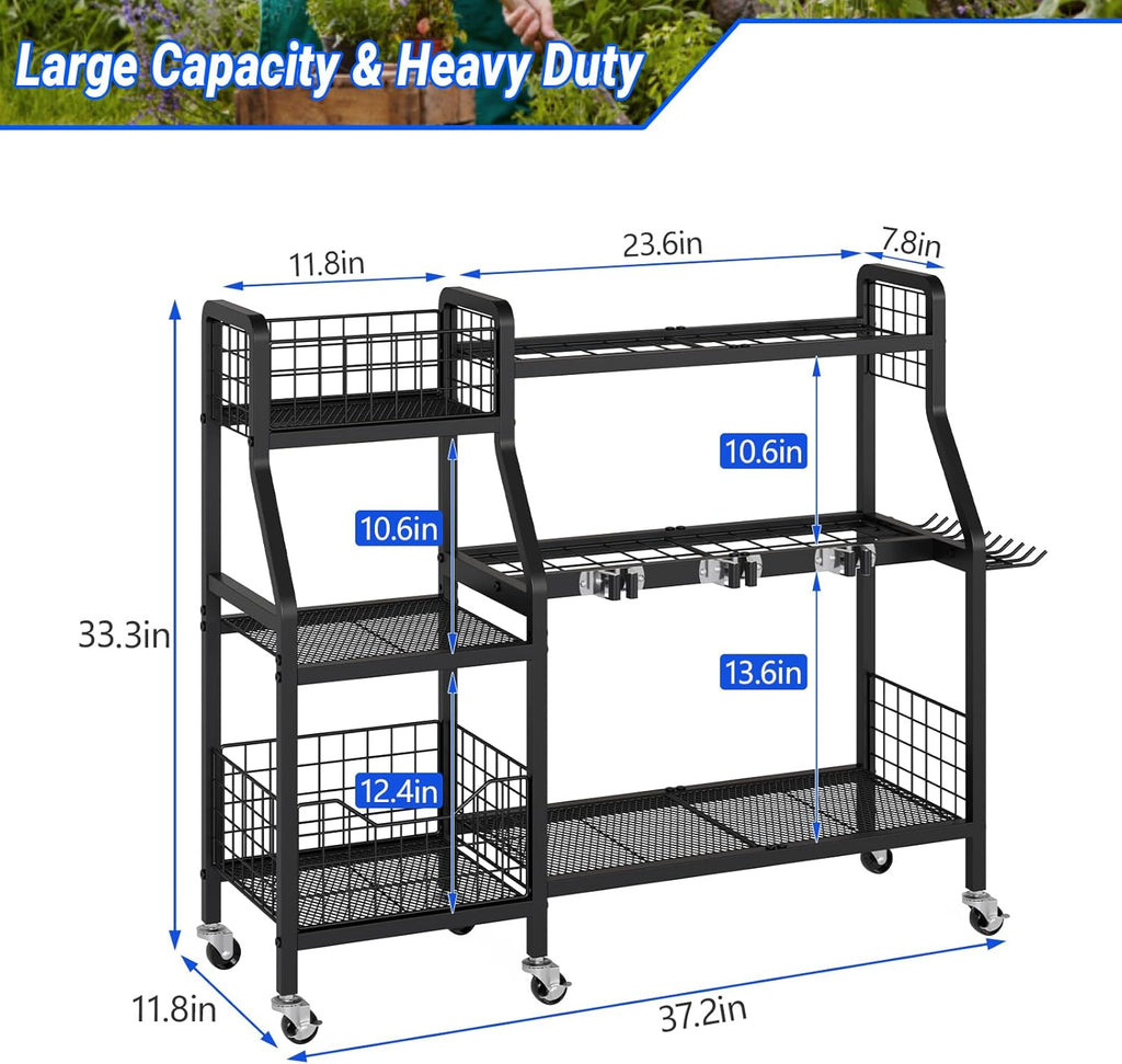 keomaisyto Heavy-Duty Garden Tool Organizer with 6 Wheels and 2 Baskets | 3 Lockable Casters, Large Metal Yard Tool