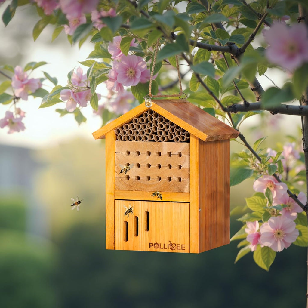 Mason Bee House -Wax Coated Mason House for The Garden,Natural Handmade Wooden Mason Home, Attracts Peaceful Bee