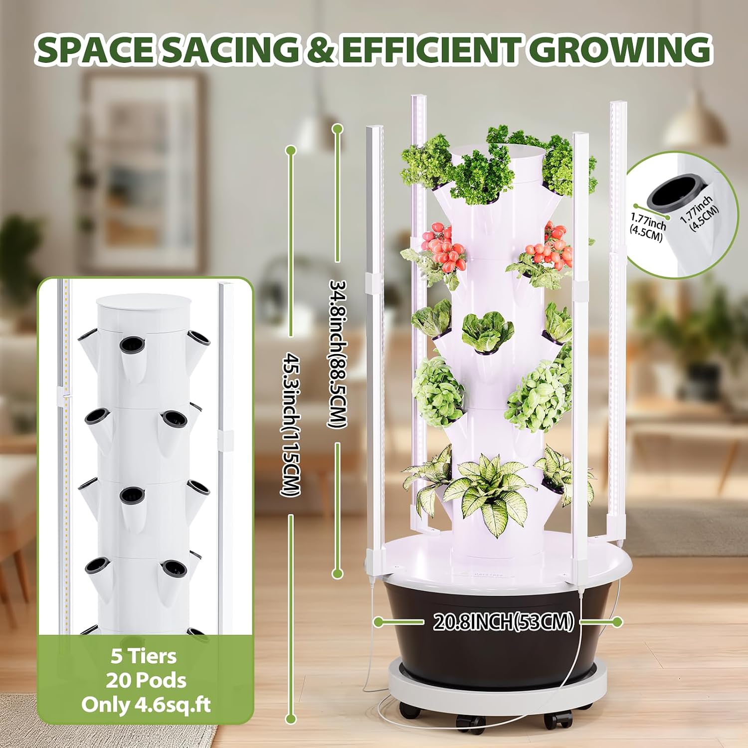 SPECILITE Hydroponics Growing System Kit with Grow Light, 5 Tiers 20 Pods | with Wheels, Pump & Timer, 30L