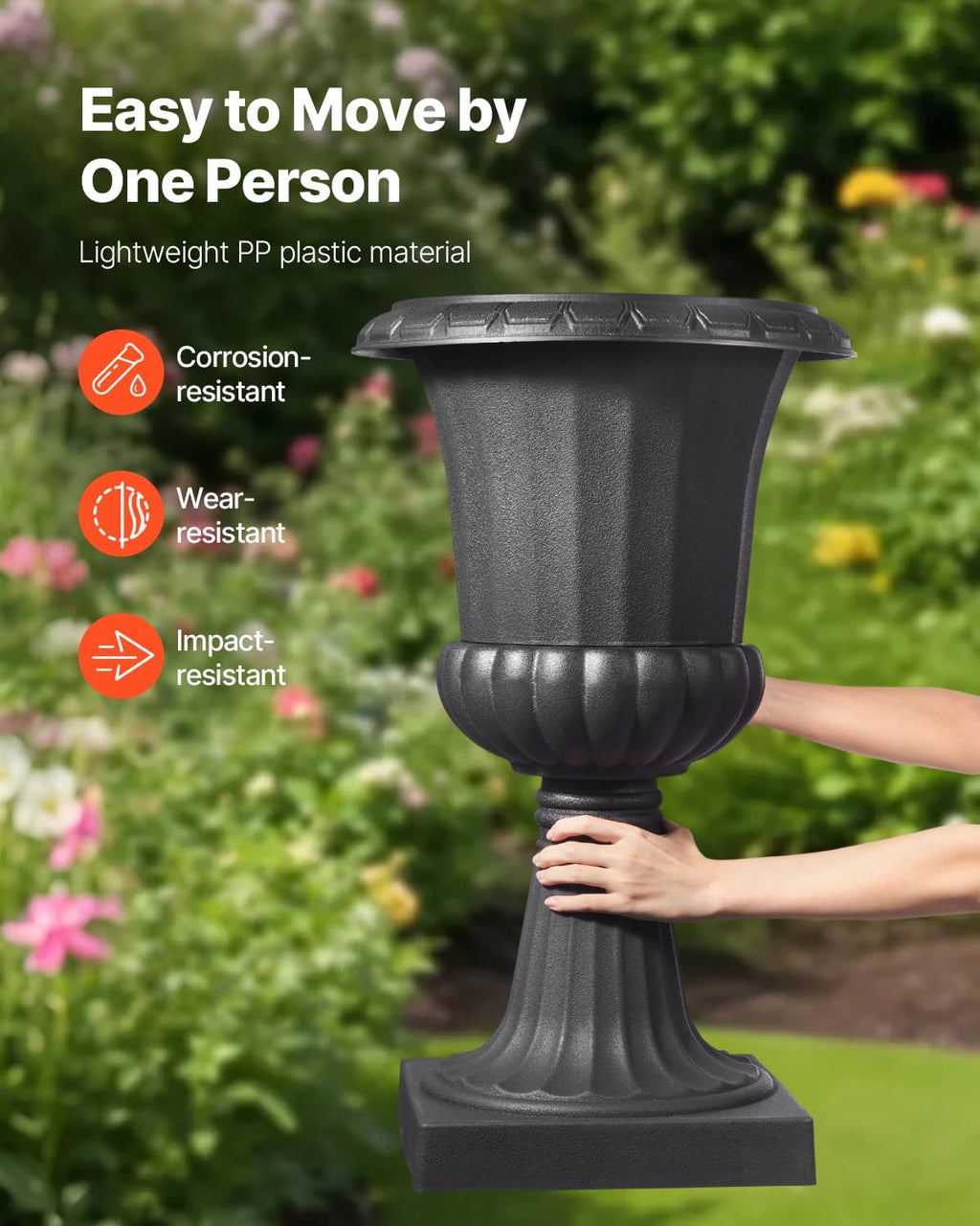 VEVOR Plastic Urn Planters, 15.8 x 26.4 Inch, 2 Pack Black Classic Flower Pots Front Porch Planters, Indoor & Outdoor