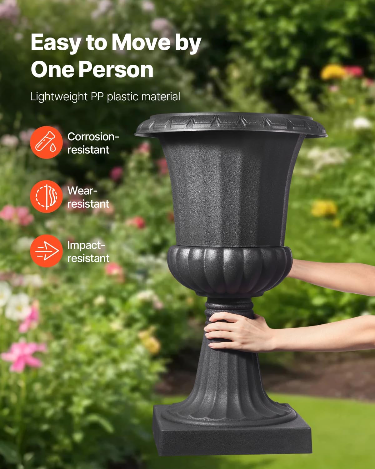 VEVOR Plastic Urn Planters, 15.8 x 26.4 Inch, 2 Pack Black Classic Flower Pots Front Porch Planters, Indoor & Outdoor
