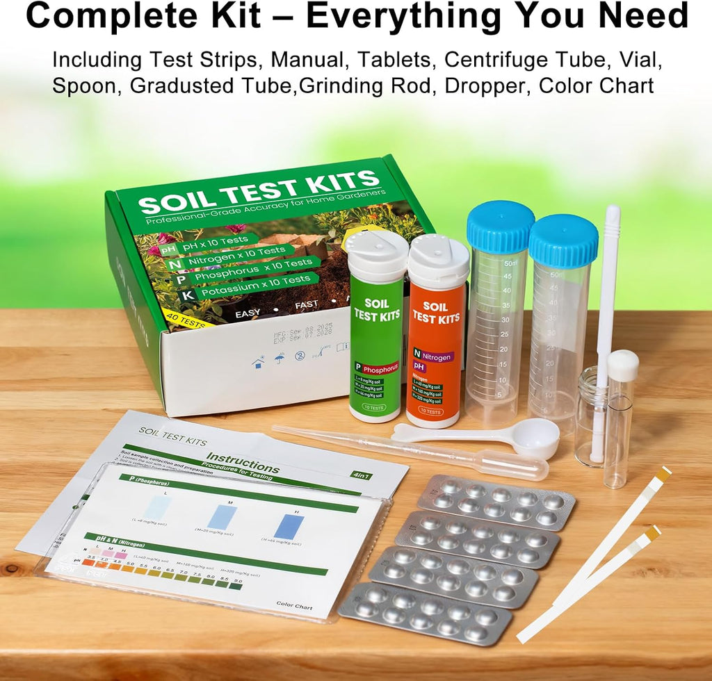 Soil Test Kit 4-in-1 for Lawns & Gardens – 40 Tests (pH, Nitrogen, Phosphorus, Potassium) – Easy Soil Testing Kit for