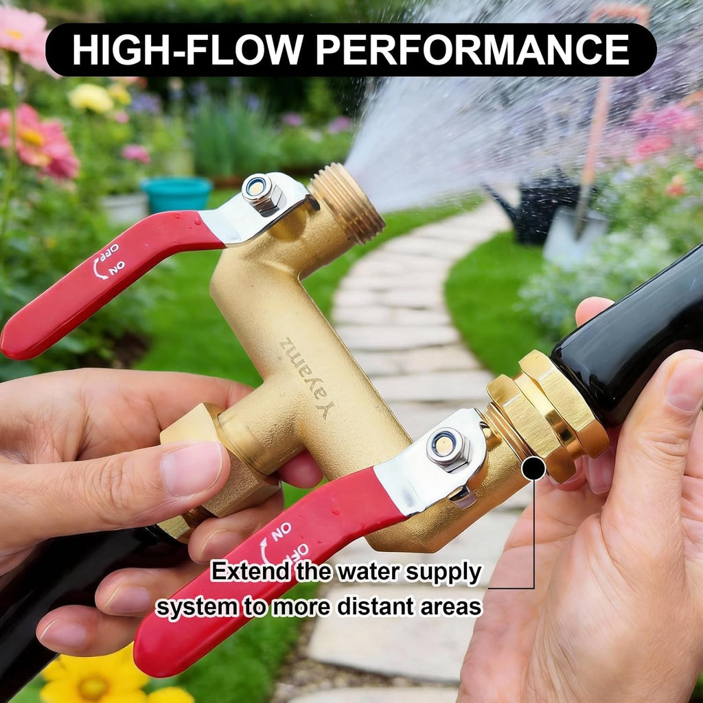 2 Way Garden Hose Splitter, 3/4" GHT Outdoor Water Spigot Splitter | Heavy Duty Solid Brass Body with Shut-off Valves &