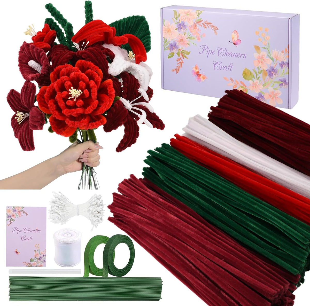 400 Pcs Pipe Cleaners Craft Set, 5 Assorted Red Pipe Cleaners Bulk, Chenille Stems for DIY Flower Making Kit with Floral Stems, Gardening Tape, Stamen, Ribbon for DIY Bouquet Gift (Red)