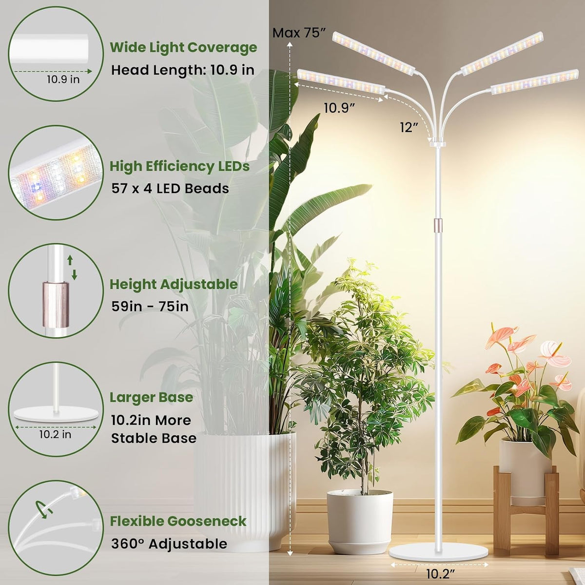 LBW Grow Lights for Indoor Plants, 75" Tall Full Spectrum Plant Grow Light | 228 LEDs Full Spectrum Grow Light with
