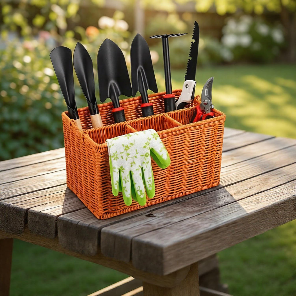 Garden Tools Set, 9 Pieces, Brown | Heavy Duty Stainless Steel, Includes Basket, Pruning Shears, Gloves Included, For