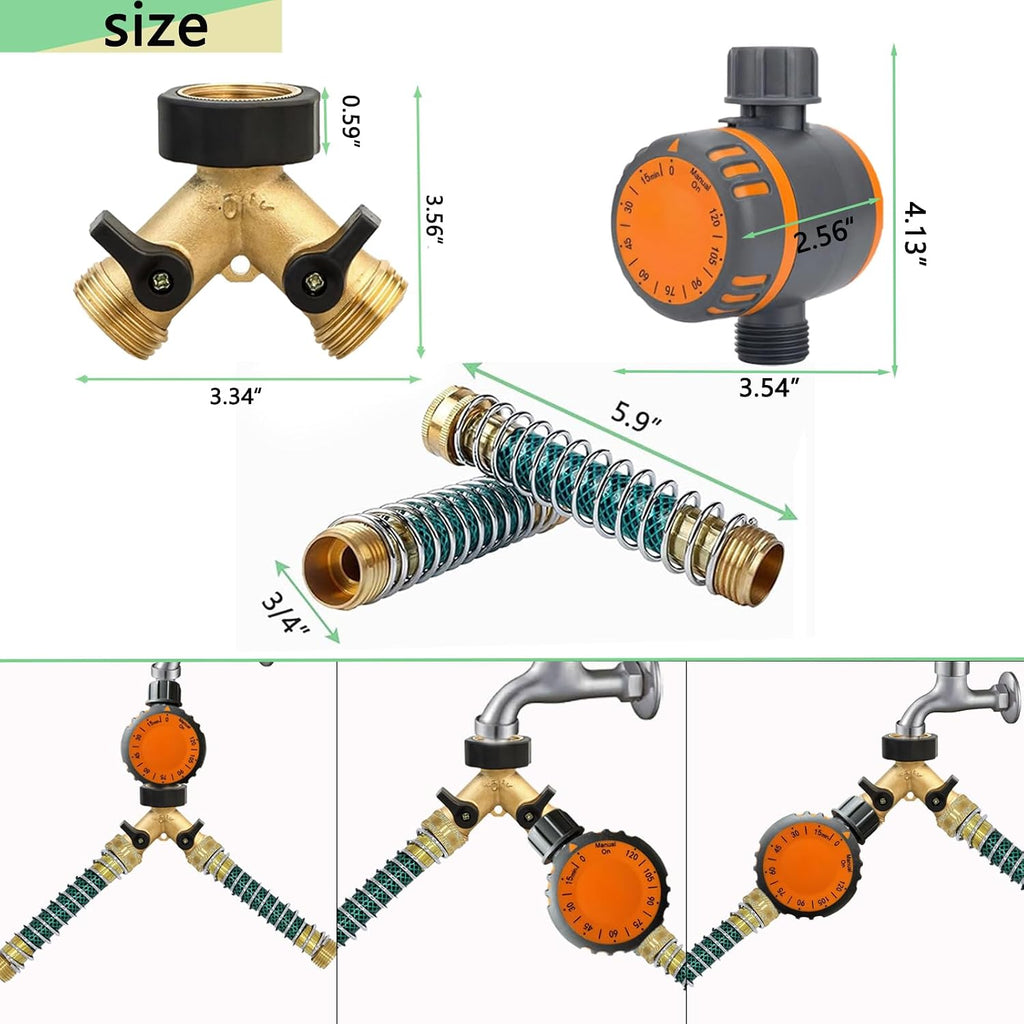 Heavy Duty 2 Way Brass Garden Hose Splitter with Shut Off Valves, Outdoor Faucet Connector with Water Timer, Anti Kink