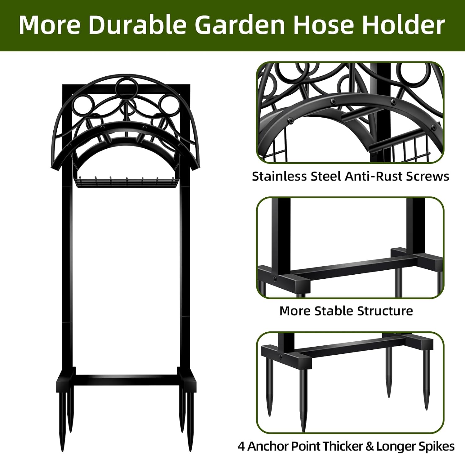 Garden Hose Holder – Detachable Water Hose Holders Stand, Holds 160-Feet Hose, Freestanding Metal Hose Storage Hanger