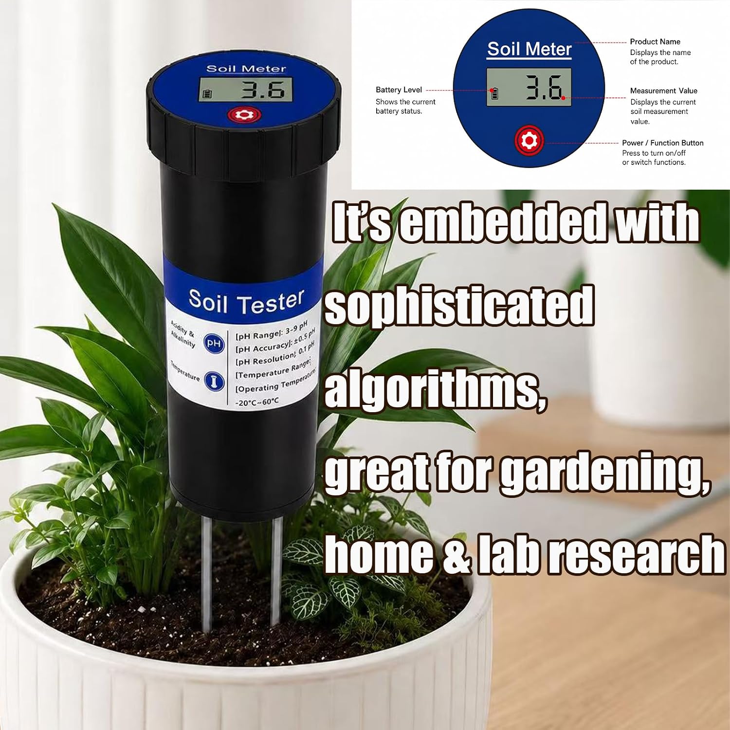 Digital Soil pH Meter – Industrial-Grade 3-8 pH Range Tester with Calibration-Free LCD Display, High Accuracy Soil pH