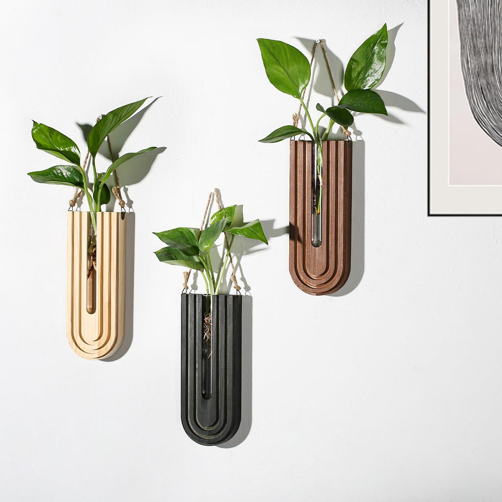 Dnnnii Indoor Wood Wall Planter Set of 3 for Plants - Boho Handmade Hanging Propagation Station with Curved Rainbow