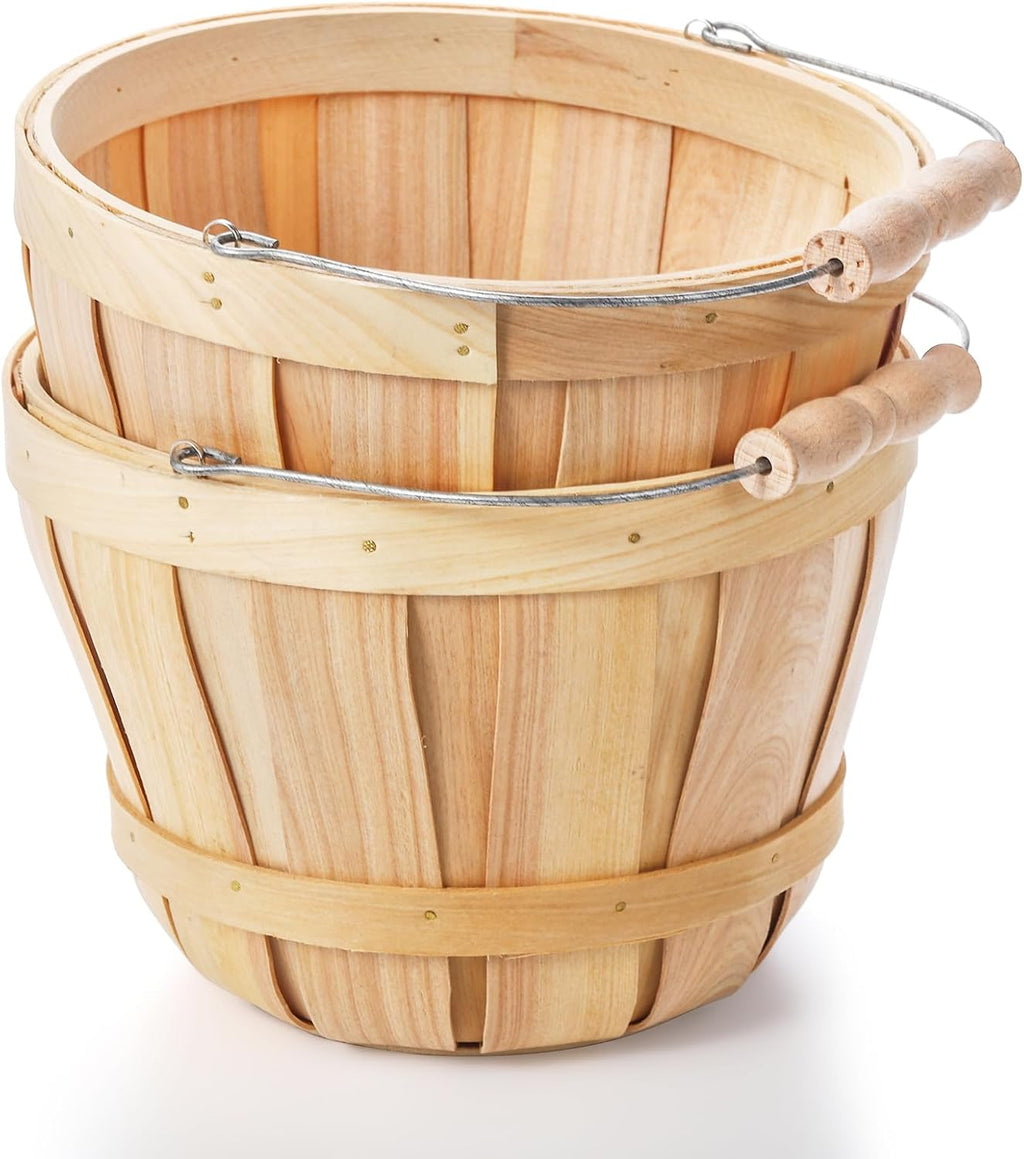 Okllen 2 Pack Round Wooden Baskets with Handle, Empty Wood Fruit Buckets, Easter Basket Fall Harvest Basket for Display