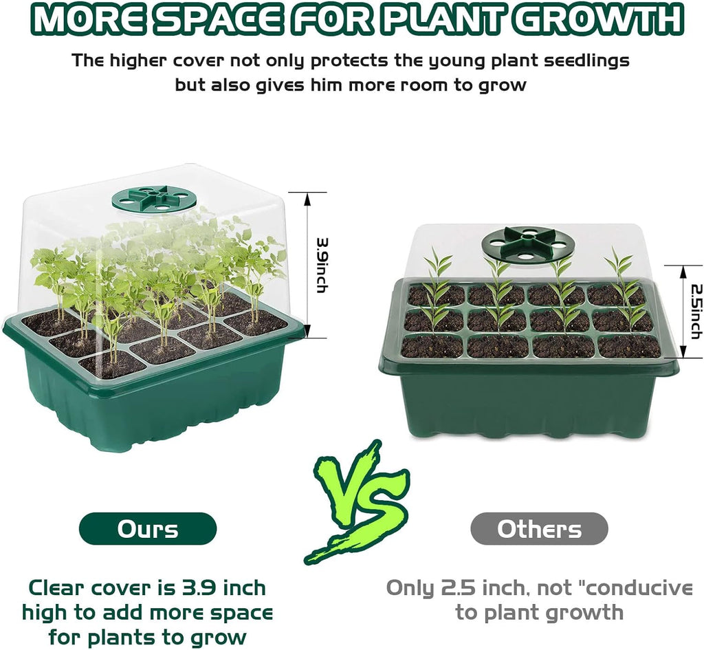 Seed Starter Tray Kit with Grow Light, 5 Pack Plant Seed Tray Kit with Humidity Domes and 3.9" Height Covers, Indoor