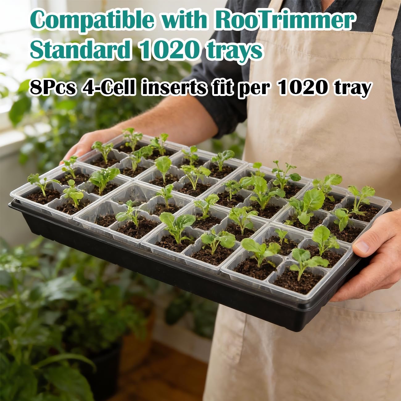 RooTrimmer 5 Pack Heavy Duty 1020 Trays and 40 Pack Clear 4 Cell Seed Starter Trays with Large Drainage Holes, Easy