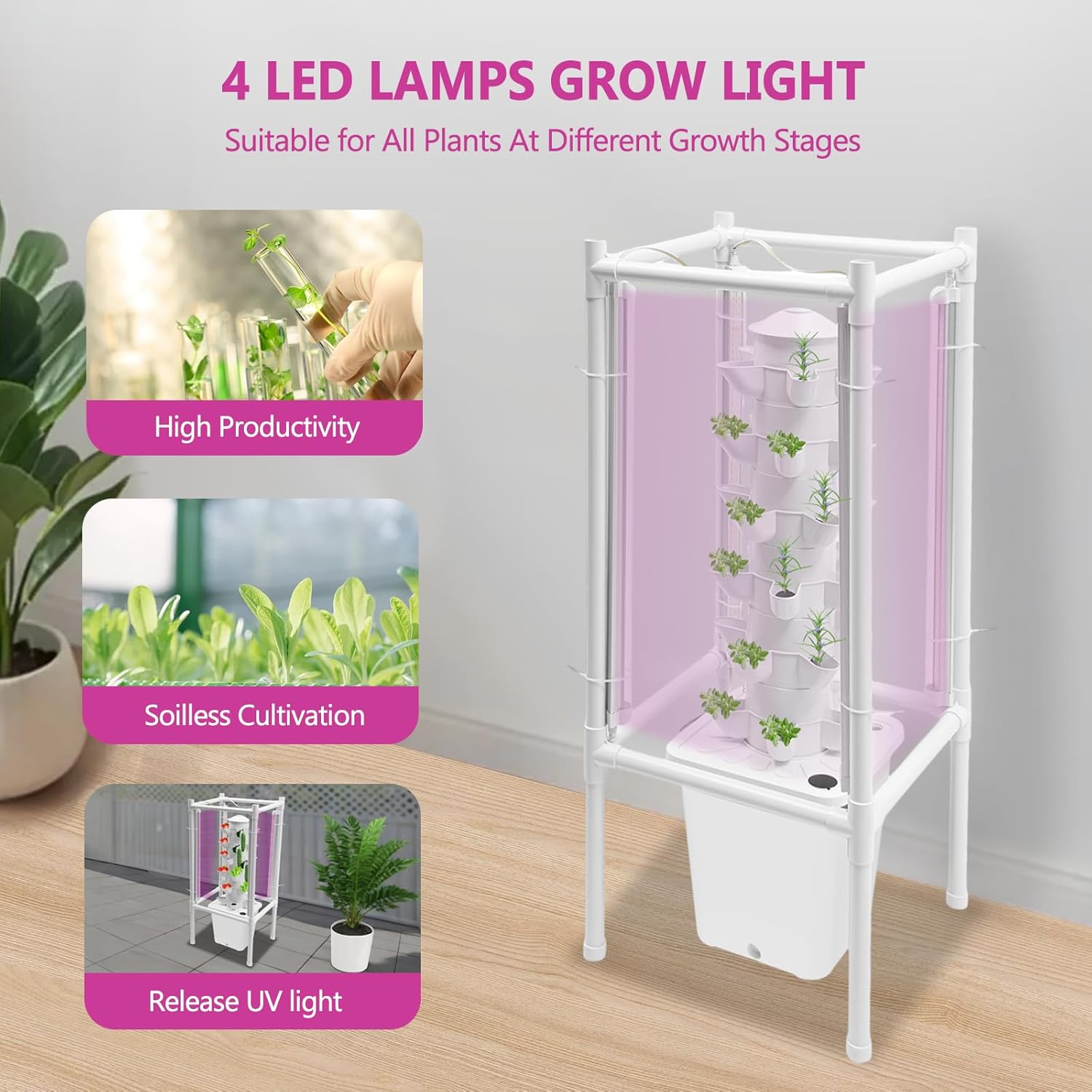 Hydroponic Tower Growing System Kits with LED Grow Lights 30 Pods Indoor Vertical Planter Germination Kit 6 Layers