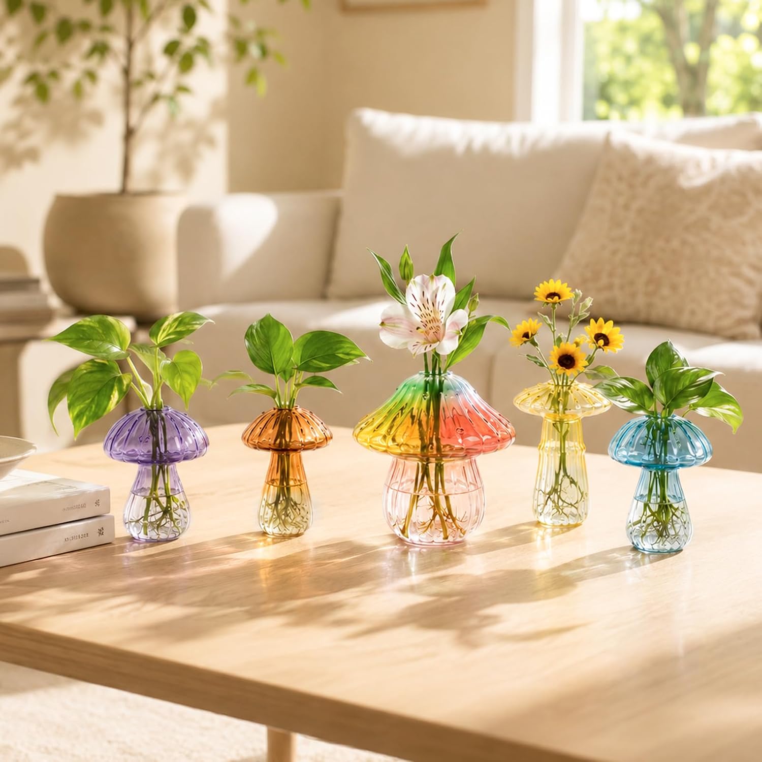 5Pcs Mushroom Propagation, Borosilicate Glass Vases, 6kg Suction Cups | Handcrafted 2.6mm thick glass|5 unique colors