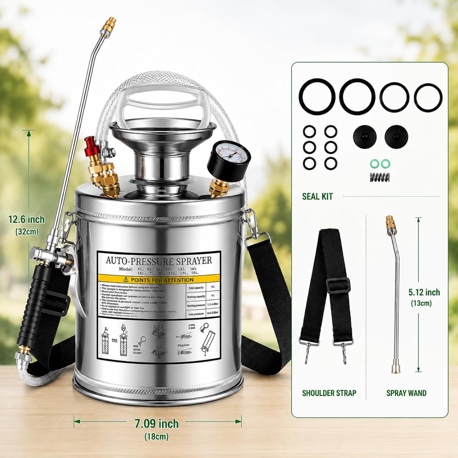 1Gal Stainless Steel Pump Up Sprayer Reinforced Hose, Hand Pump Sprayer with Pressure Gauge&Safety Valve, Adjustable
