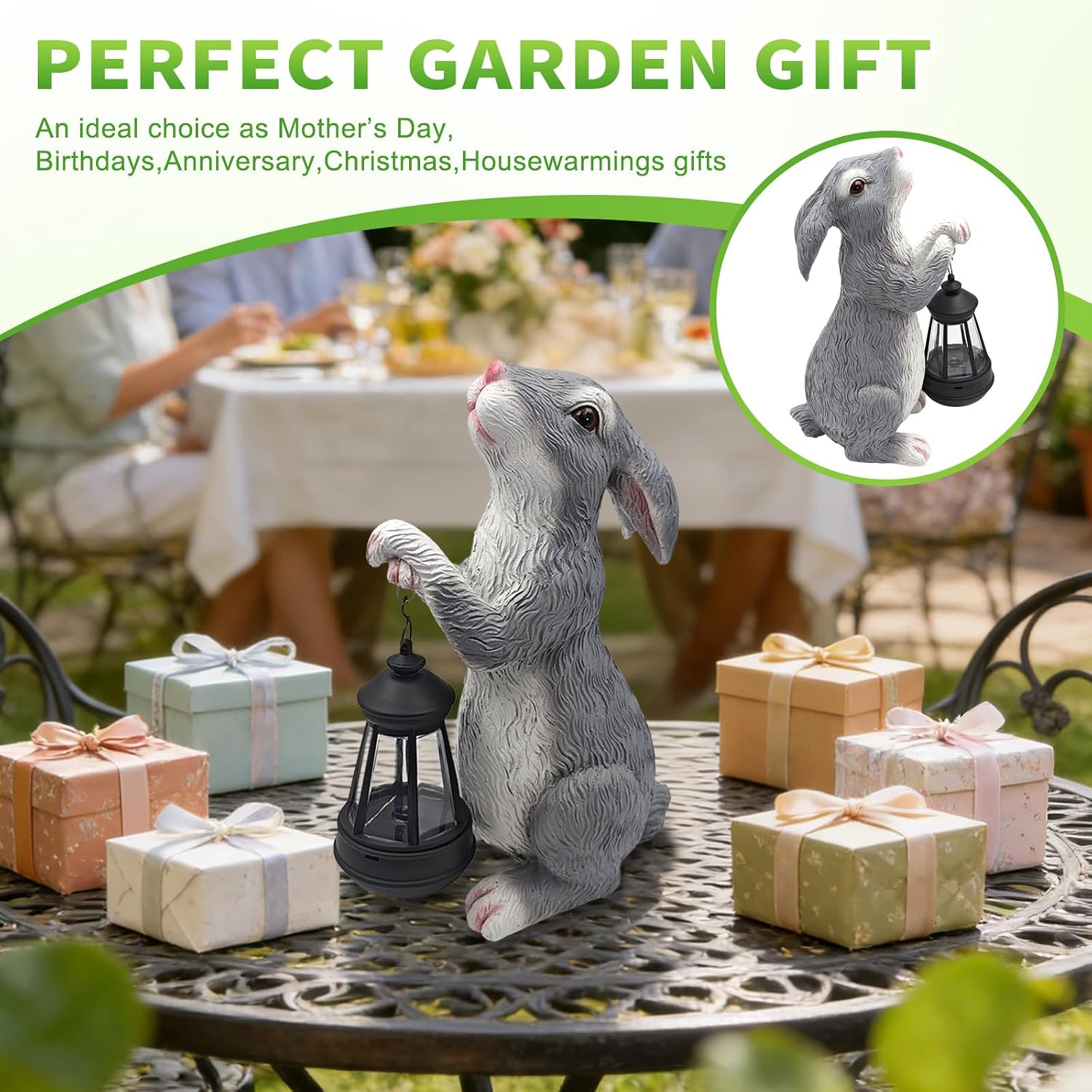 11.8 Inch Solar Rabbit Statue with Glowing Lantern, Handcrafted Resin Easter Bunny Figurine, Waterproof Outdoor Garden