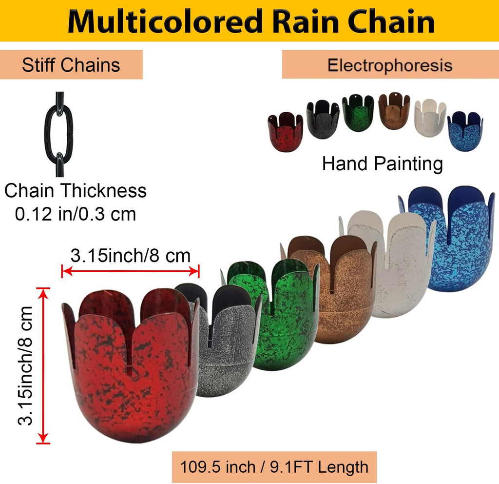9FT Lotus Iron Rain Chain for Gutters and Rain Barrel+Adapter, 6Colors | Rain Chains for Downspout, Rust-Prevent