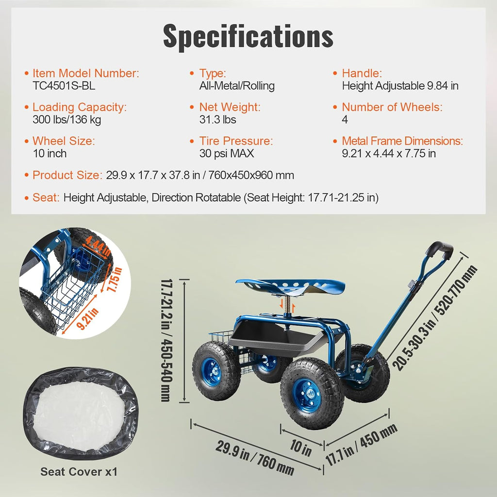 VEVOR Garden Cart Rolling Workseat with Wheels, Gardening Stool for Planting, 360 Degree Swivel Seat, Wagon Scooter