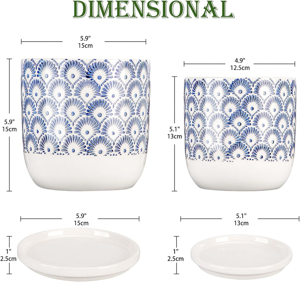 Ceramic Planter Pots for Indoor Outdoor, 5+6 inch Round Flower Pots with Drainage Hole and Tray, Blue and White Plant