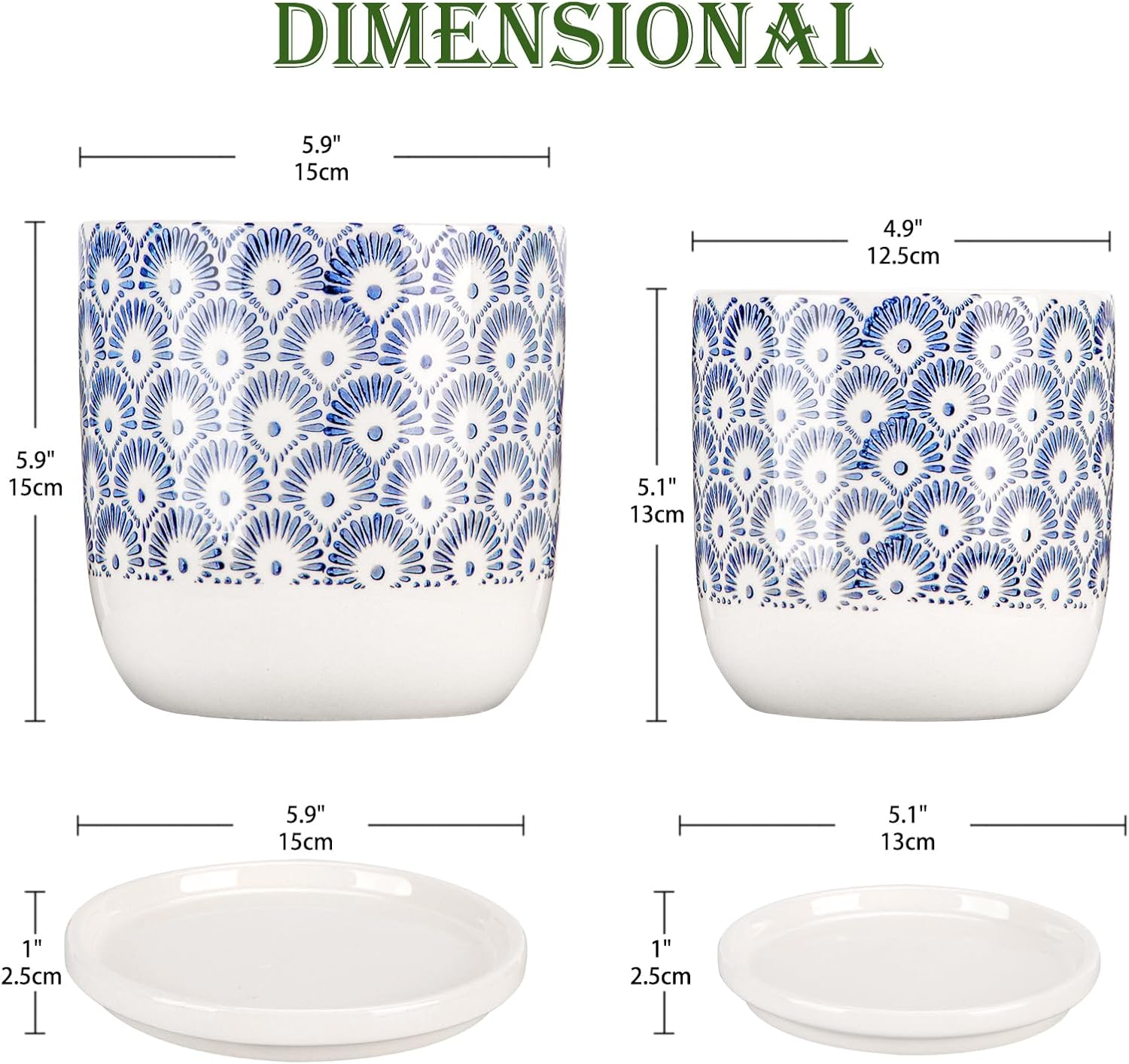 Ceramic Planter Pots for Indoor Outdoor, 5+6 inch Round Flower Pots with Drainage Hole and Tray, Blue and White Plant