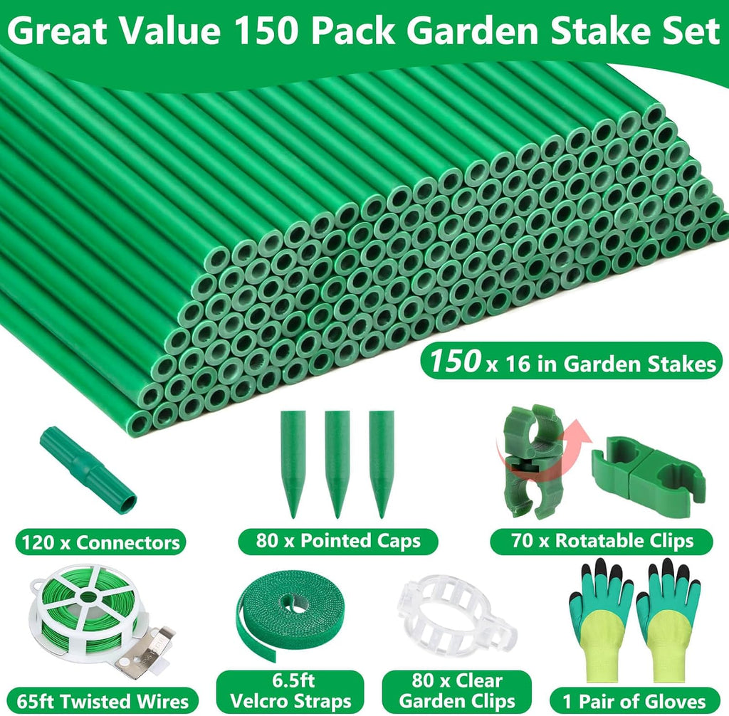 Lezmarket 150 Pack Garden Stakes(16" Each), Plant Support Stakes, DIY 4ft 5ft 6ft 7ft Sturdy Fiberglass Plant Sticks