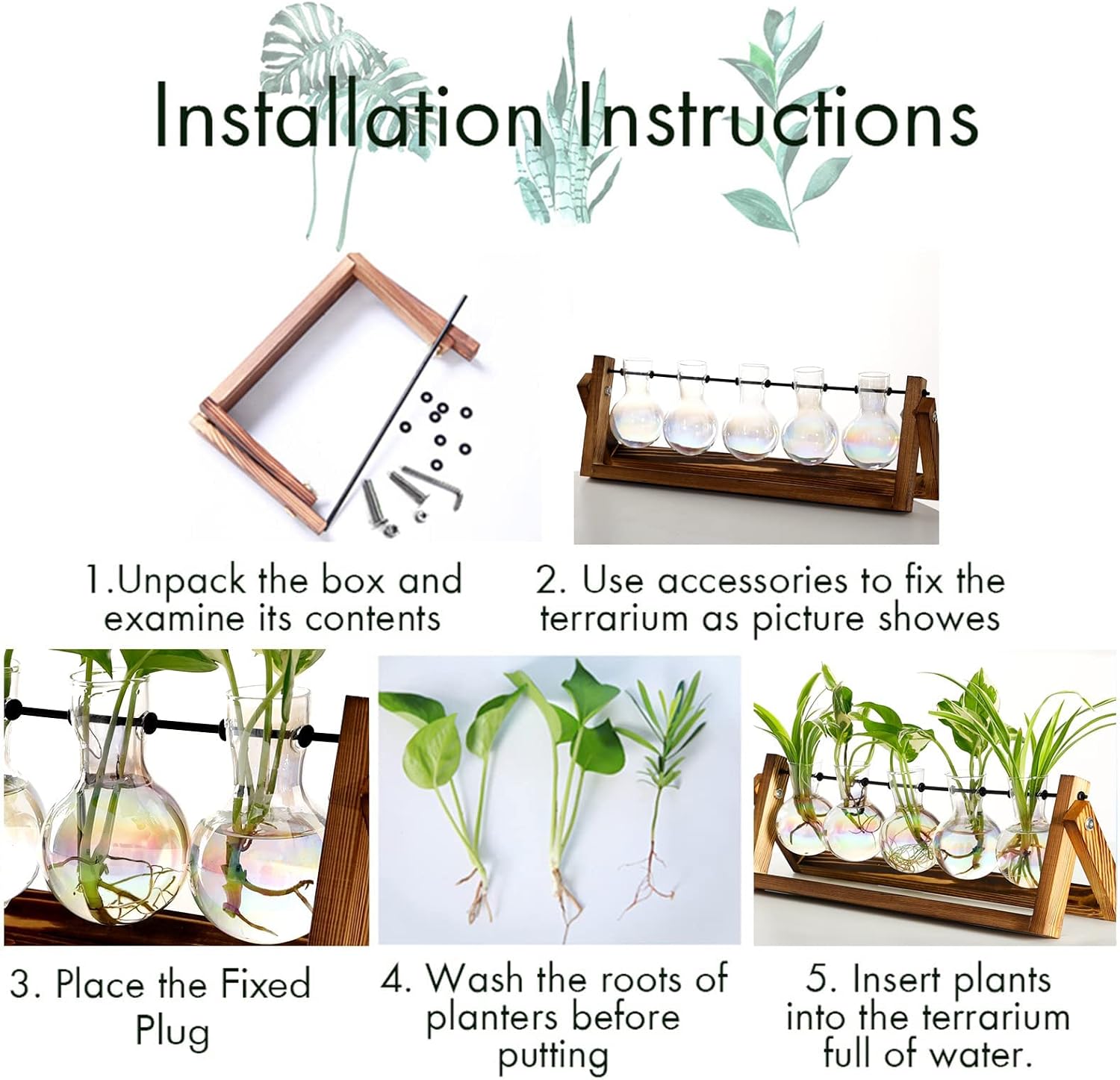 XXXFLOWER Plant Terrarium with Wooden Stand Desk Plant 5 Bulb Vase | Terrarium Kit Glass Propagation Vases Tabletop