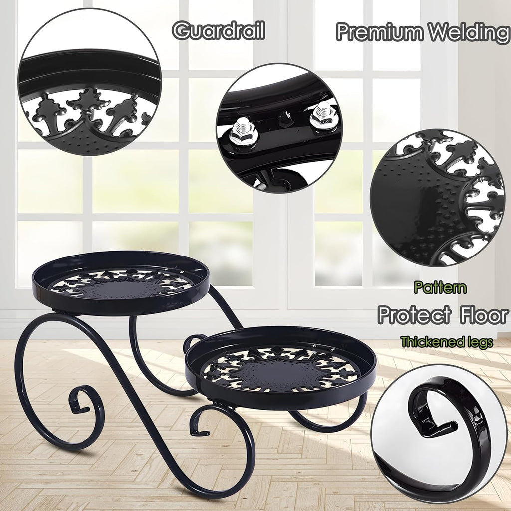 2 Tier Black Plant Stand, Metal Flower Stand Indoor Outdoor | Anti-Rust Iron Plant Shelf, Round Flower Pot Stands for