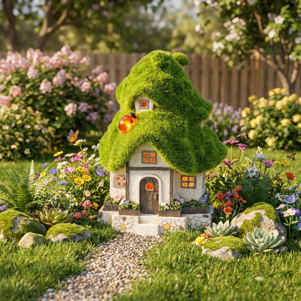 TERESA'S COLLECTIONS Flocked Garden Statue and Figurine Fairy House with Solar Outdoor Lights, Resin Garden Decor