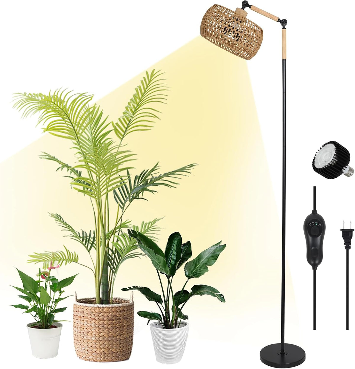 HMVPL Grow Lights for Indoor Plants Full Spectrum, Plant Lights for Indoor Growing with 20W COB Grow Blub, Rattan Shade, Timer, Standing Tall Grow Lamp for Middle Large Plants(75'', Height Adjustable)
