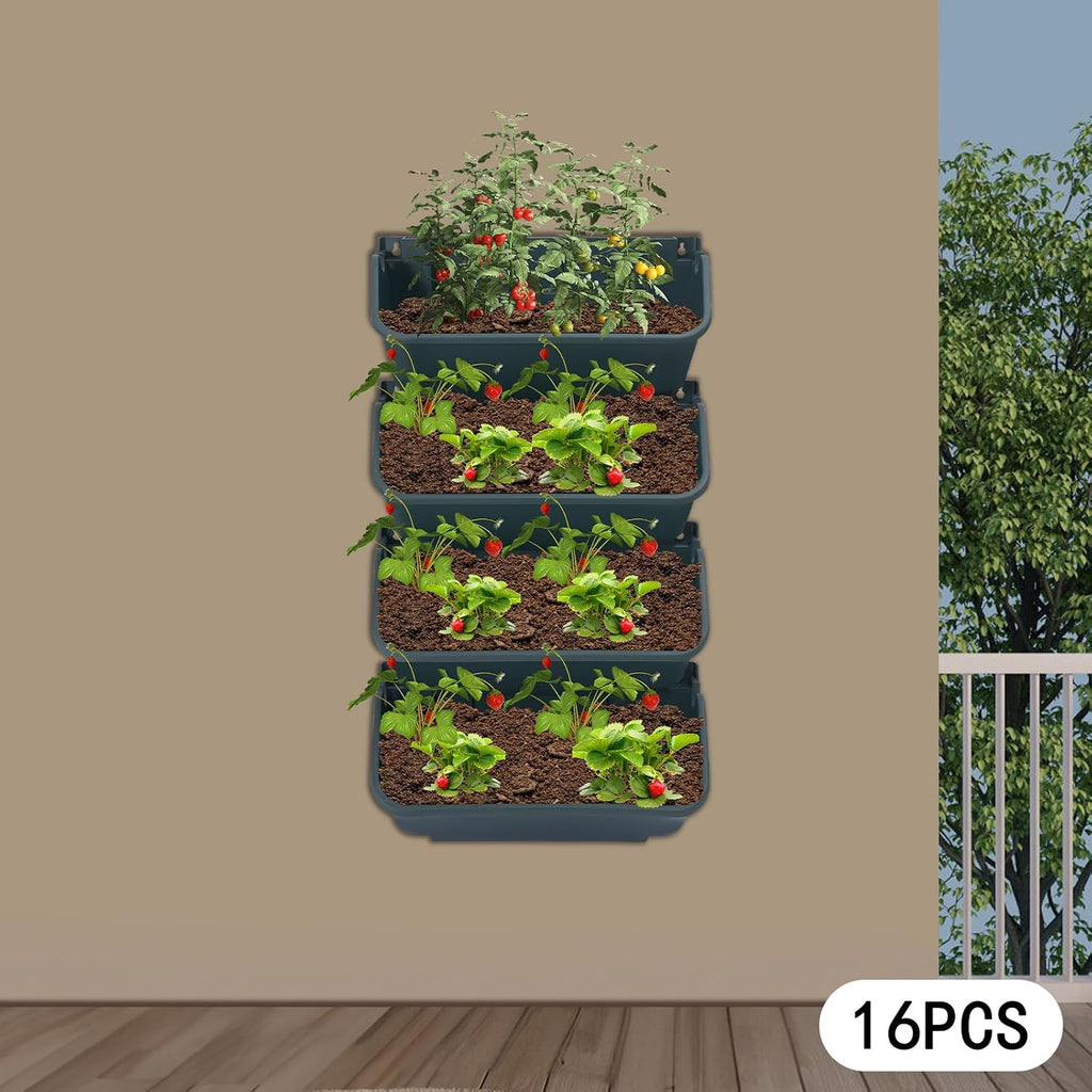 Vertical Wall Planter with 16 Pots, Hanging Garden Plant Flowerpot Holder, Stackable Wall-Mounted Planter, Balcony