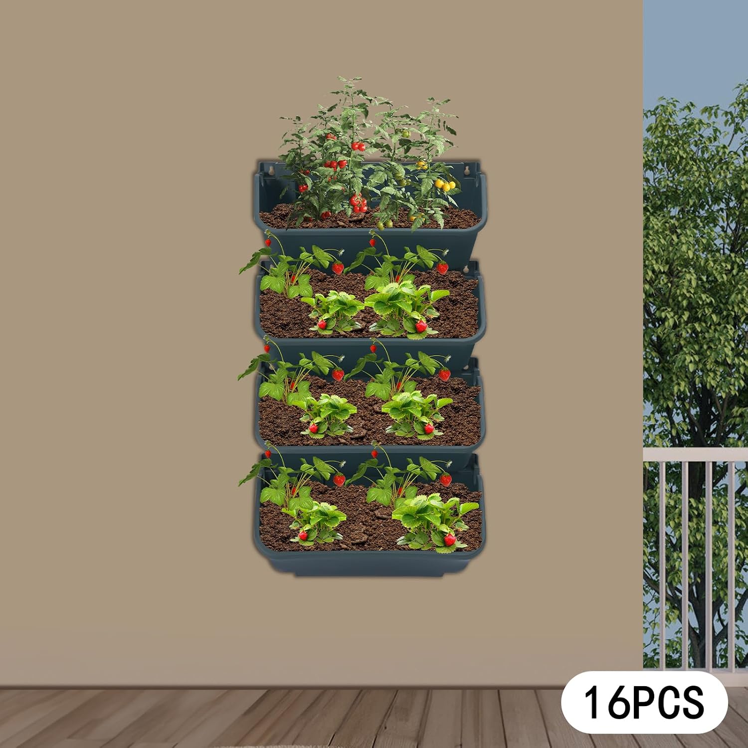 Vertical Wall Planter with 16 Pots, Hanging Garden Plant Flowerpot Holder, Stackable Wall-Mounted Planter, Balcony