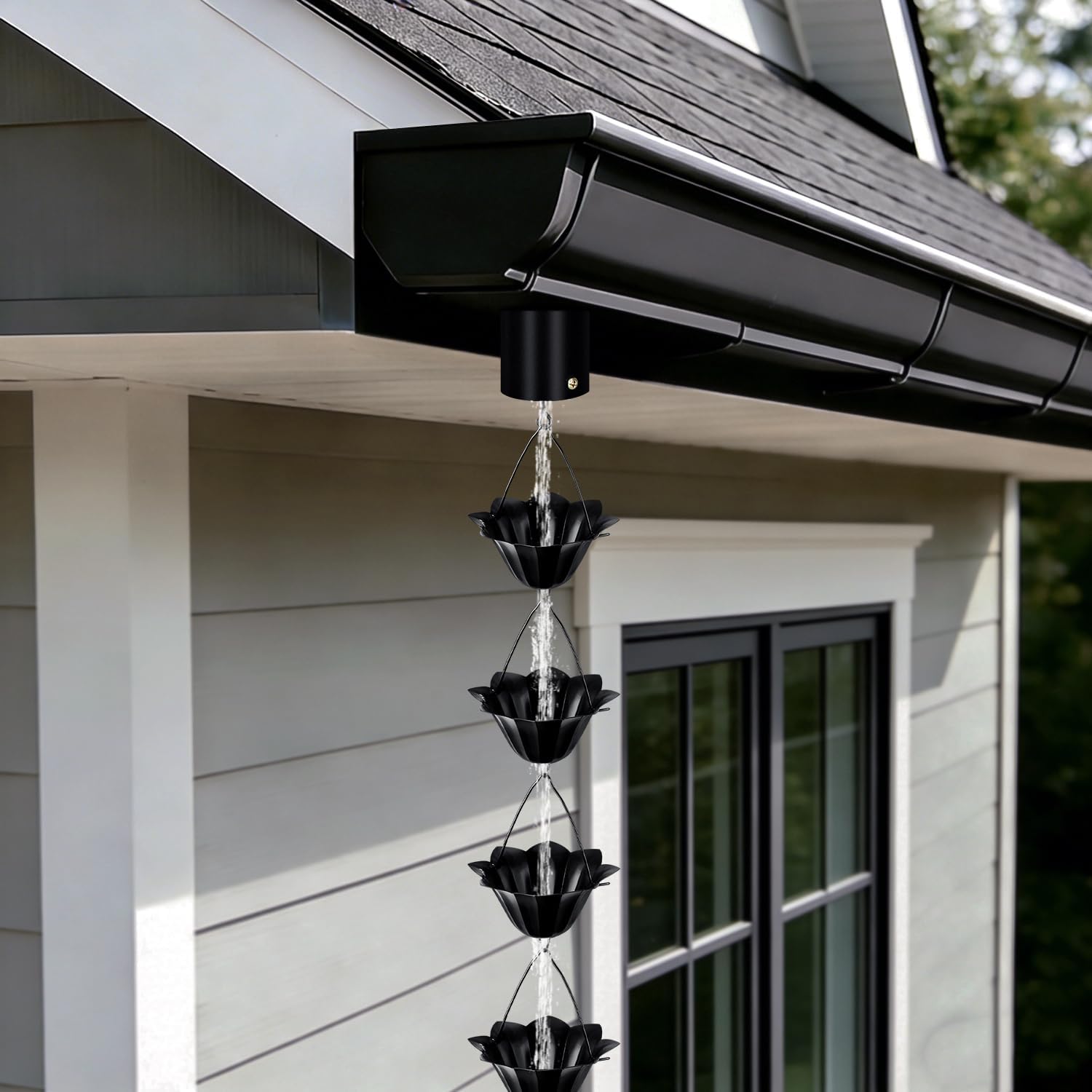 Rain Chains for Gutters Outside Black with Adapter 8.5FT 16 Cups | Rain Catcher Chain for Heavy Rain,Rust
