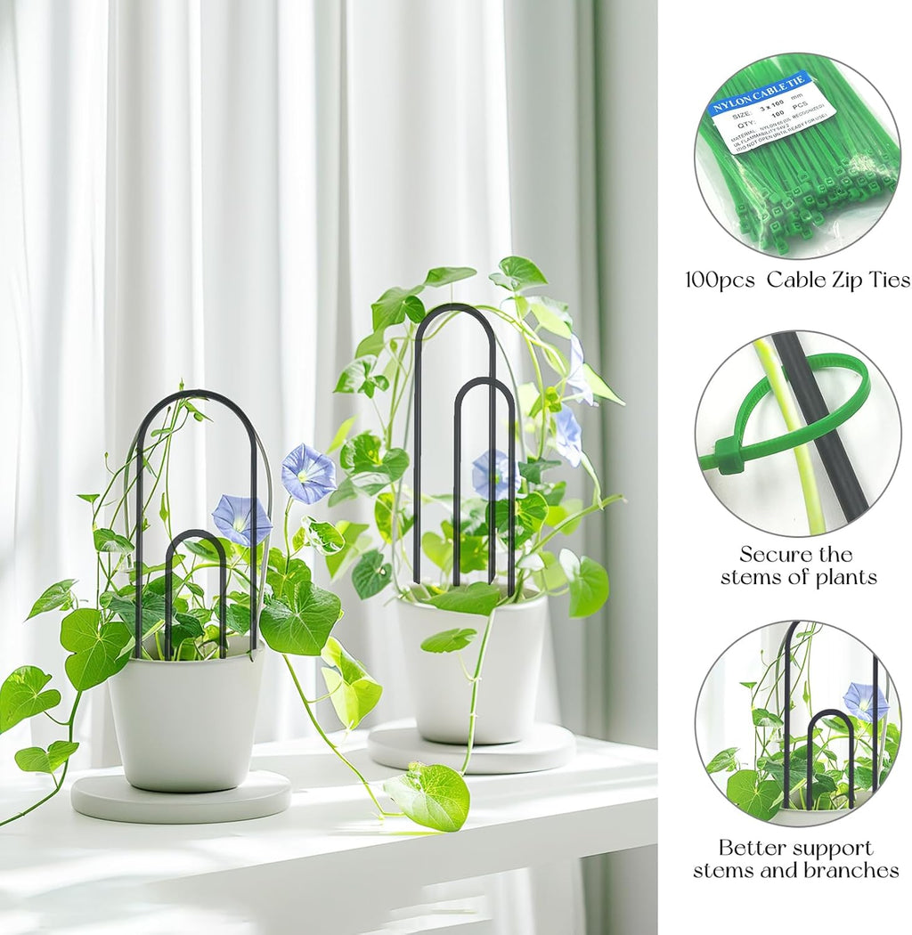 SNAIL GARDEN 8 Pcs Small Trellis for Indoor Plants with 100Pcs Green Cable Zip Ties,4 Sizes Indoor Plant Trellis for