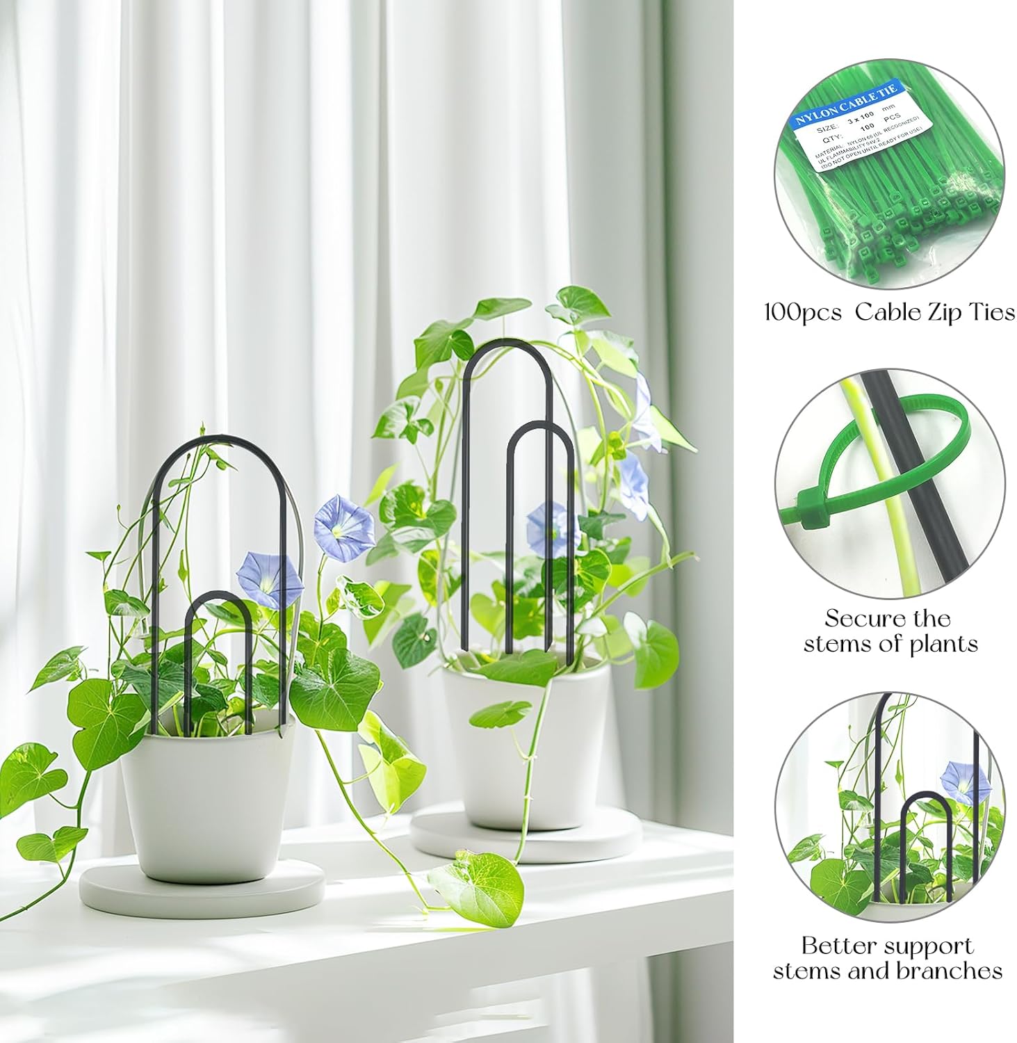 SNAIL GARDEN 8 Pcs Small Trellis for Indoor Plants with 100Pcs Green Cable Zip Ties,4 Sizes Indoor Plant Trellis for