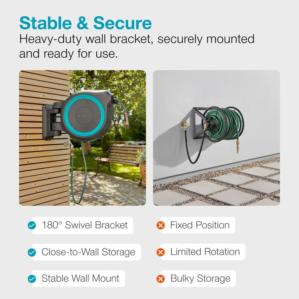 GARDENA Retractable Garden Hose Reel - 115 Feet - Auto Retract Hose Reel with 180° Swivel Wall Mount - Heavy Duty