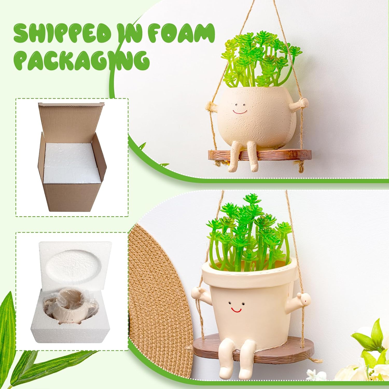 2 Pcs Swing Hanging Planter Cute Smile Flower Face Pot Indoor Outdoor Pots for Succulent String of Pearls Plants Plant