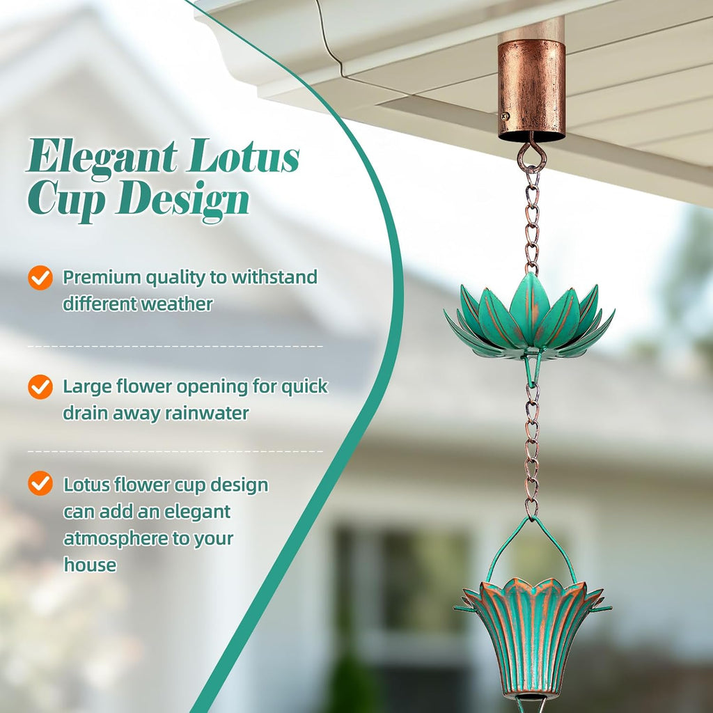 10 FT Lotus Rain Chain with Adapter for Gutters Downspouts Outside | Large Opening to Avoid Splashing, Adjustable